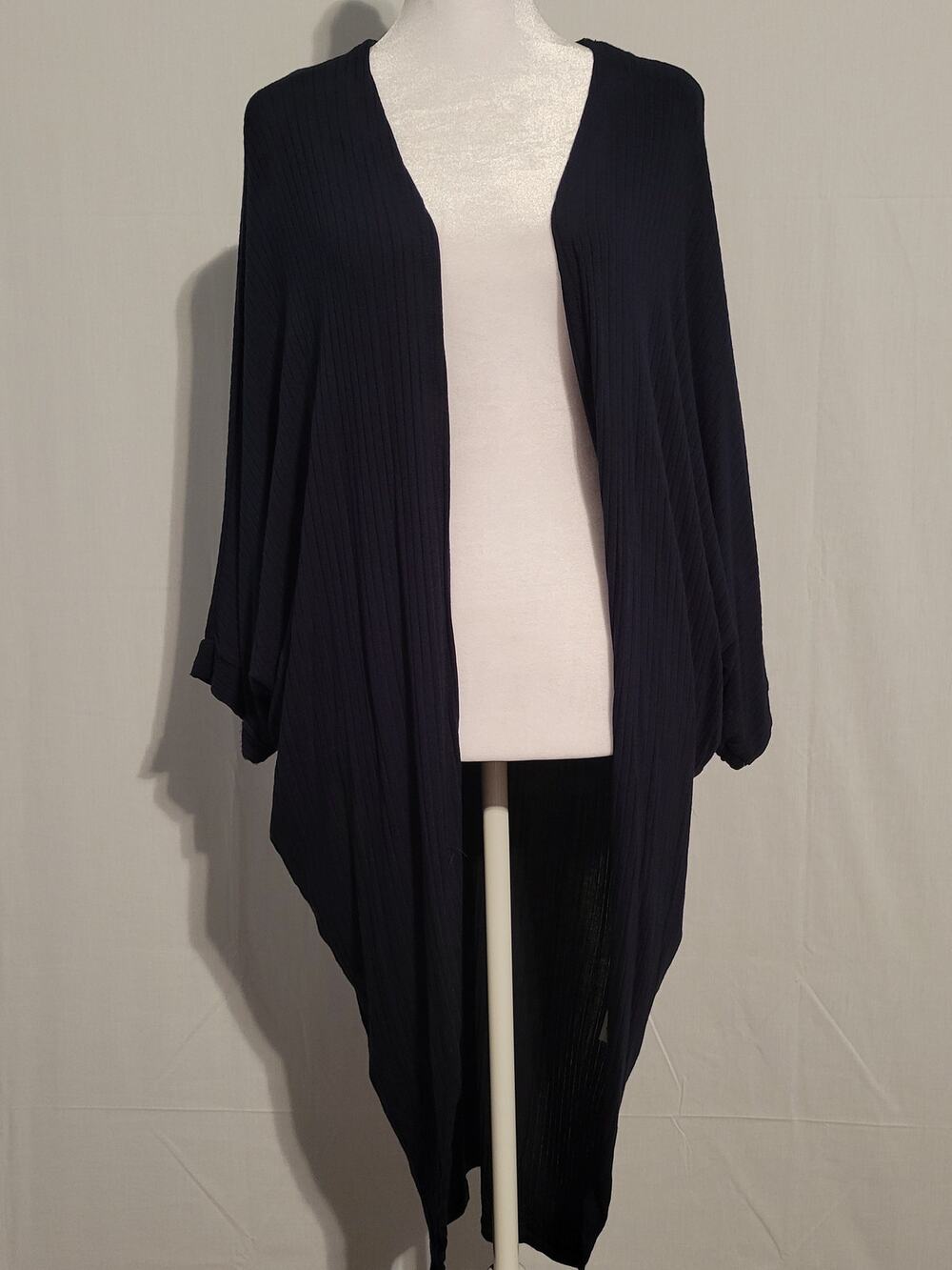 Milky Way Ribbed Dolman Sleeve Stretch Open Front Kimono Cardigan sz M Navy Blue